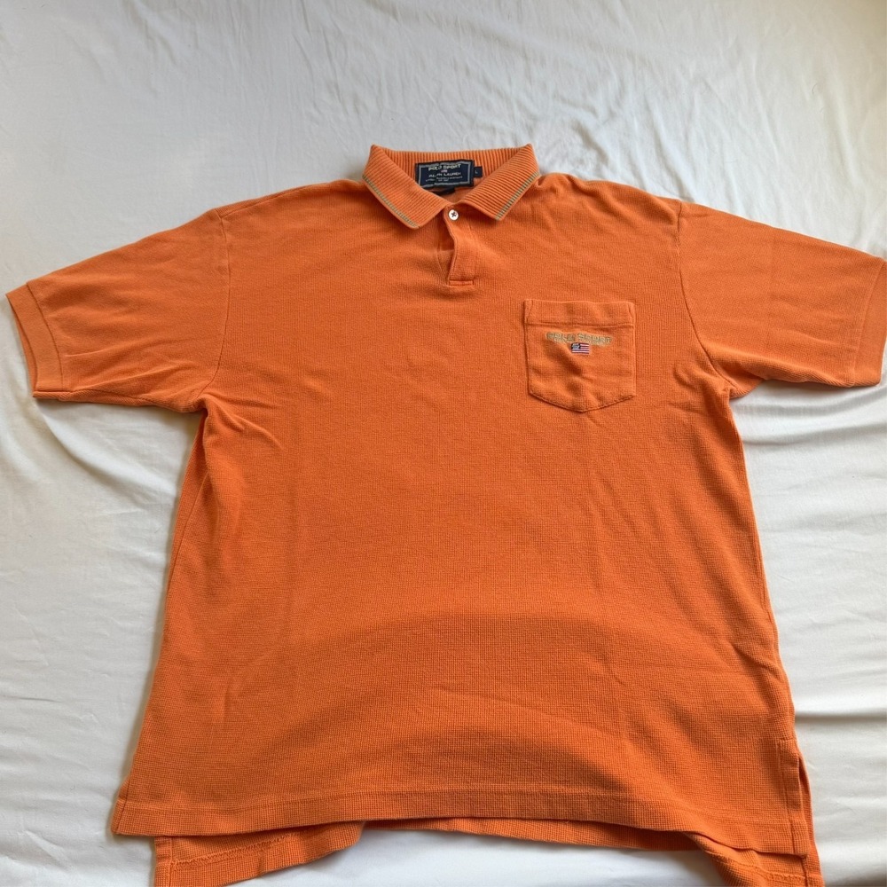 Vintage Polo Sport Ralph Lauren‎ Orange Waffle Knit Pocket Polo Shirt Mens Large